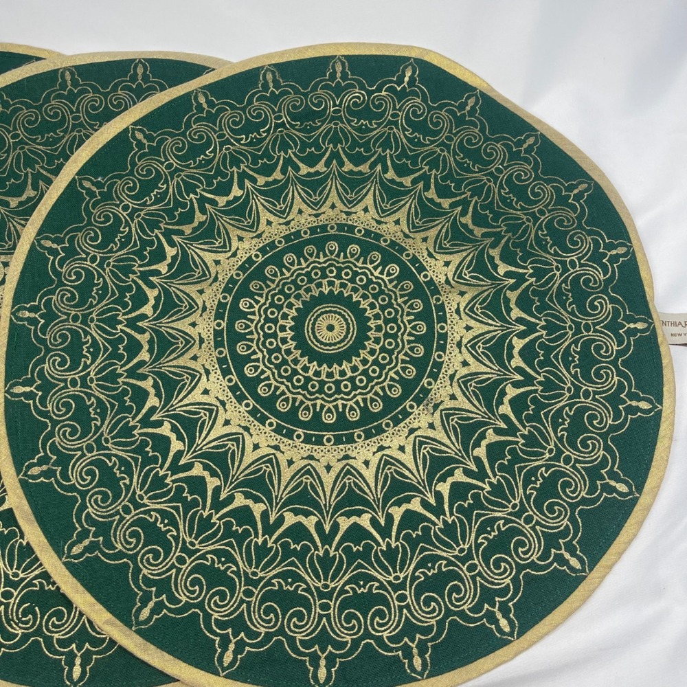Cynthia Rowley Green Gold Mandala Round Placemat 15" Set of 4 Metallic Cotton